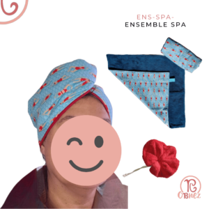 ENSEMBLE SPA composé d'une serviette cheveux, un tapis et une fleur de douche
