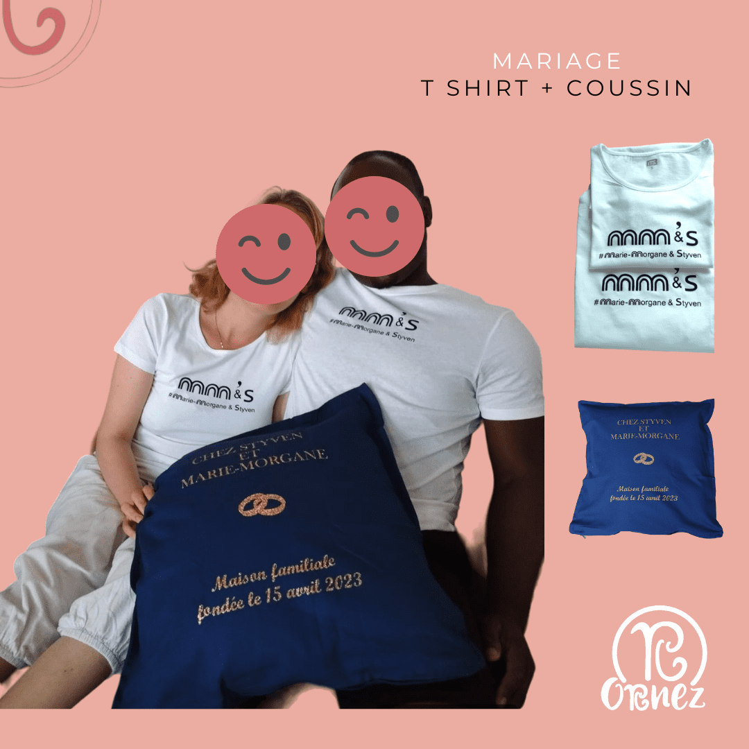 cadeaux mariage tshirt duo et coussin flocage doré